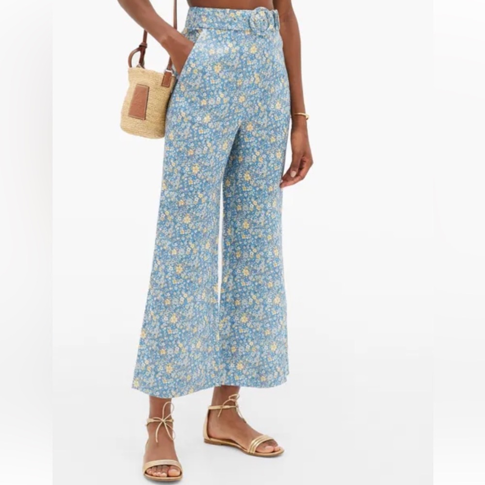 Zimmermann Blue Floral High Waisted Wide Leg Linen Pants With Belt Size 1 (US 6)